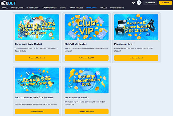 Page des promotions du casino Rexbet