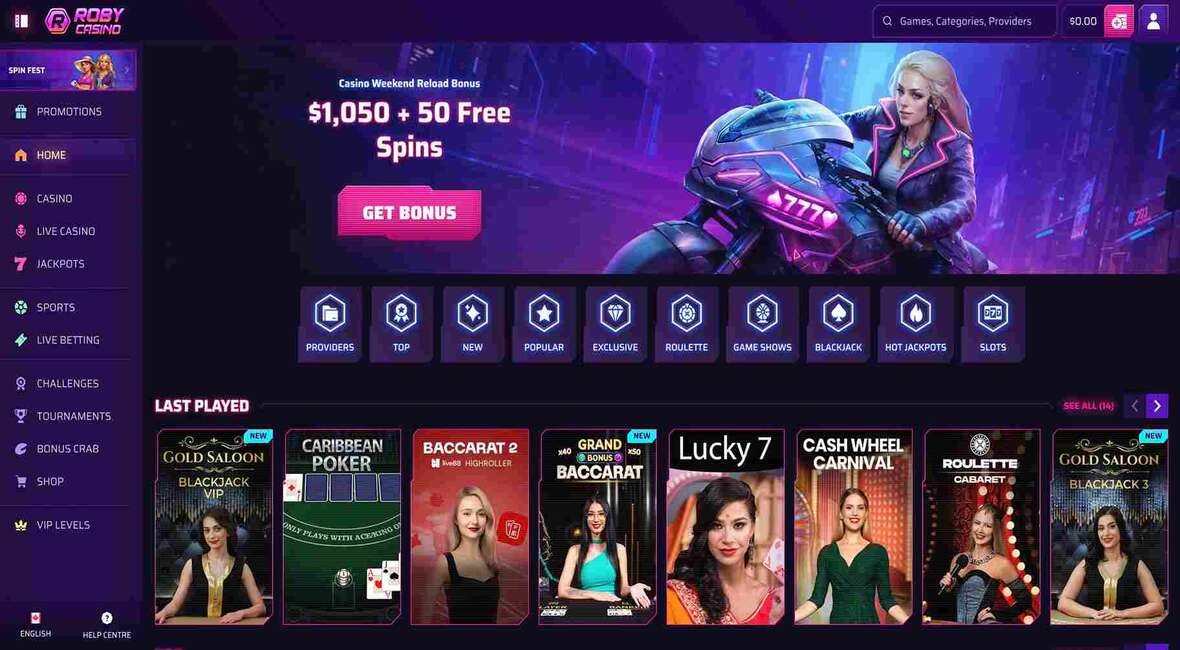 Roby casino main page