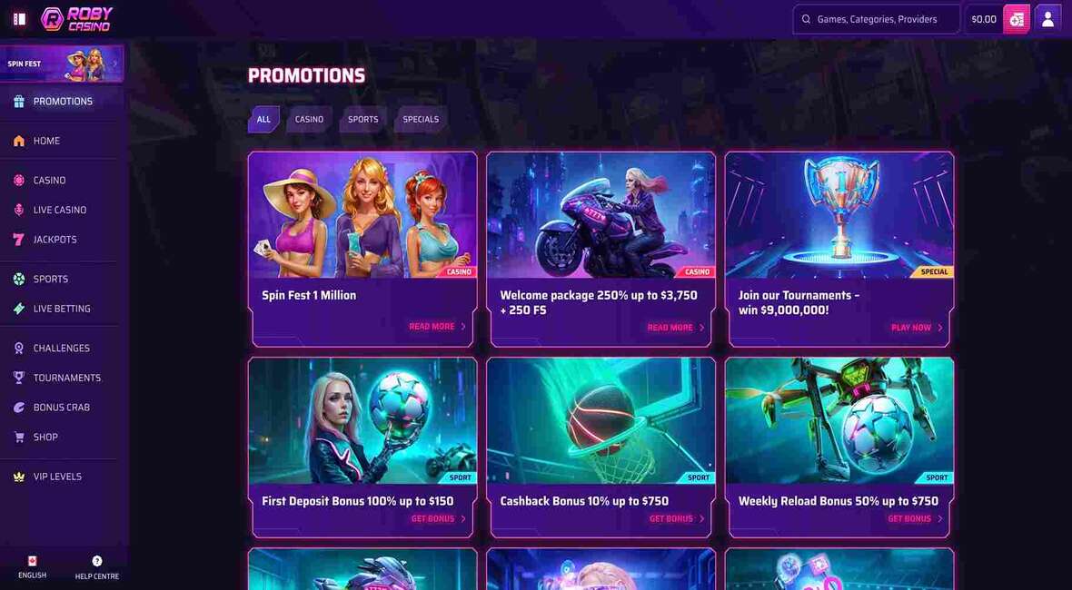 Roby casino promotions page