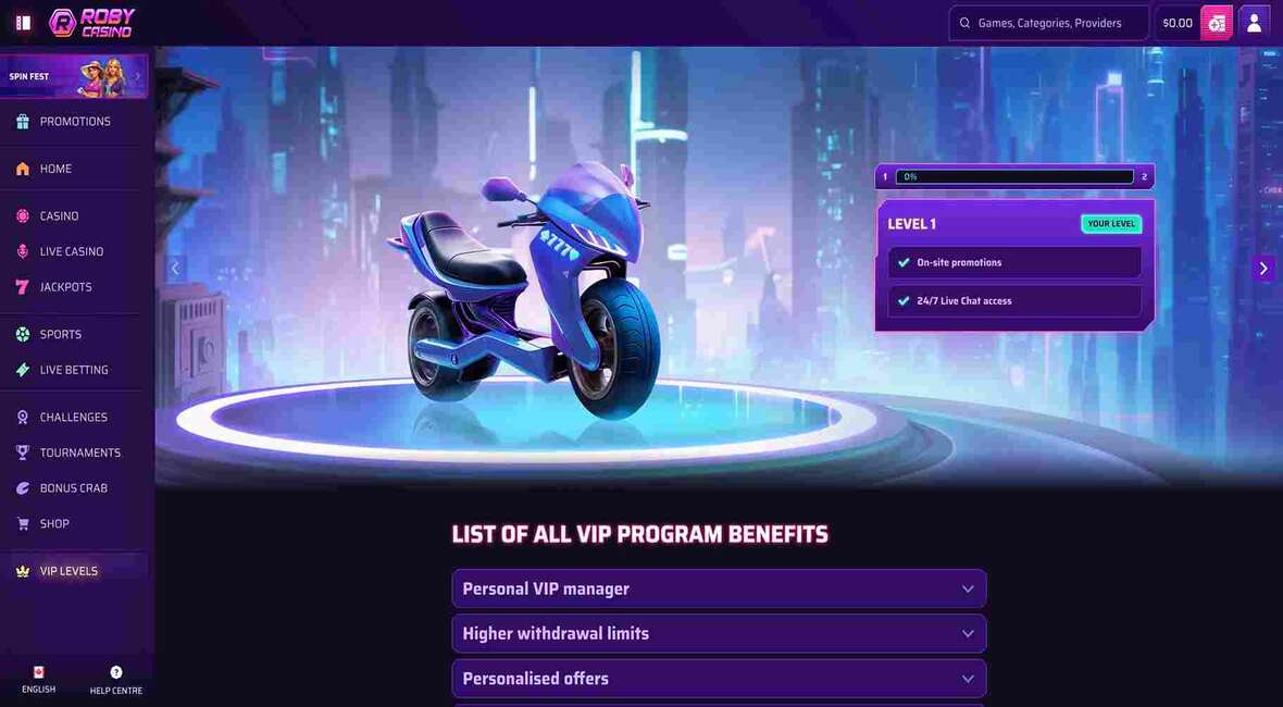 Roby casino vip page
