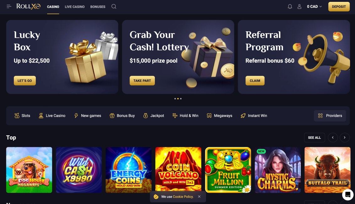 Image of main page of RollXO Casino