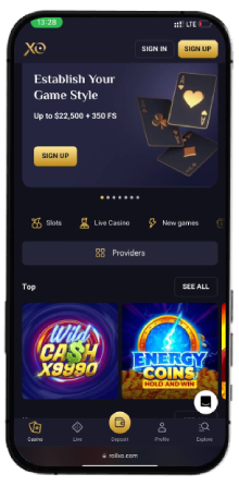 RollXO Casino main page on mobile screen