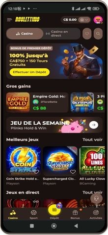 Capture d'écran de la page principale de Roulettino Casino sur mobile