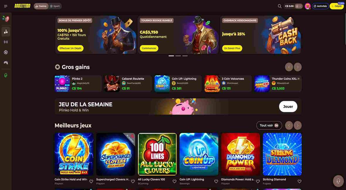 Page principale du casino Roulettino