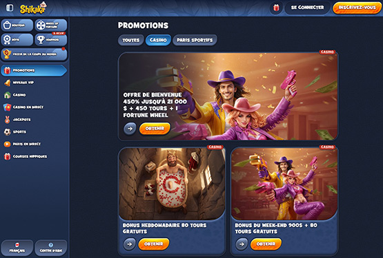 Page des promotions du casino Shikaka
