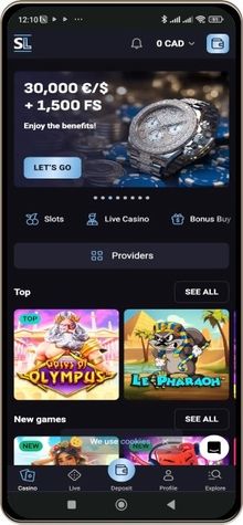 Capture d'écran de la page principale de SlotLounge Casino sur mobile