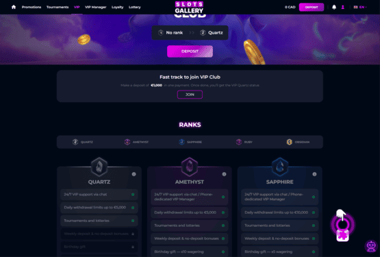 Slots Gallery casino VIP page