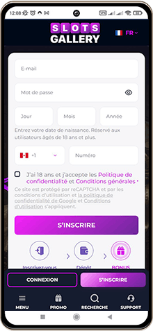 Capture d'écran de la page principale de Slots Gallery Casino sur mobile