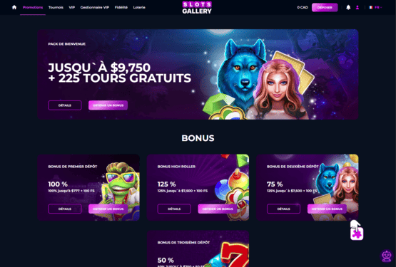 Page des promotions du casino Slots Gallery