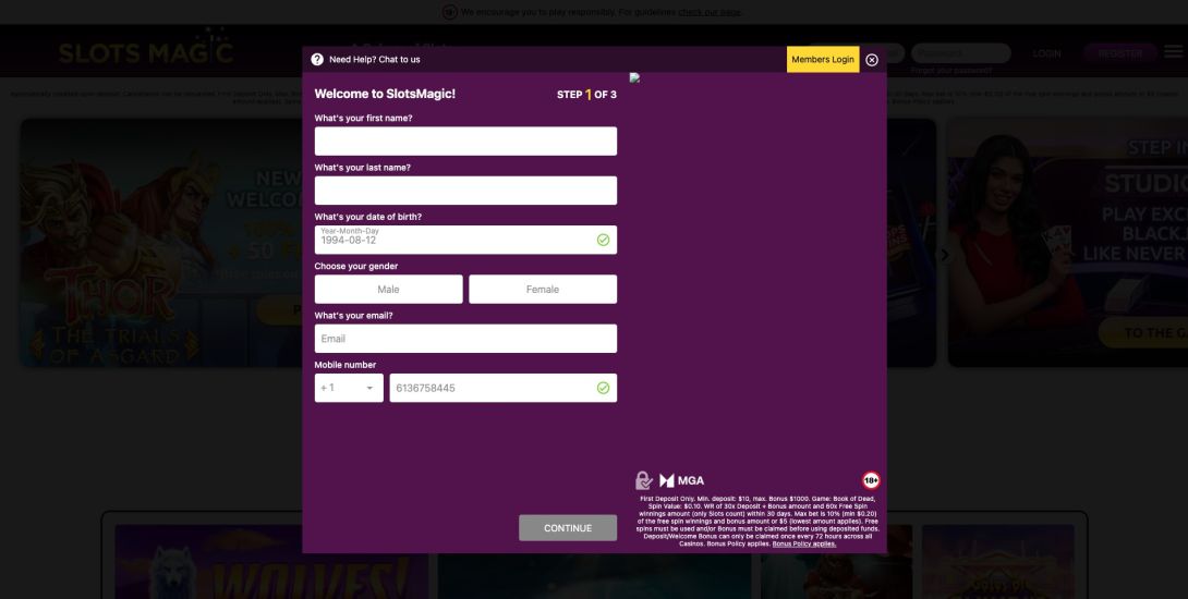 Screenshot of Slots Magic Casino registration process - step 3