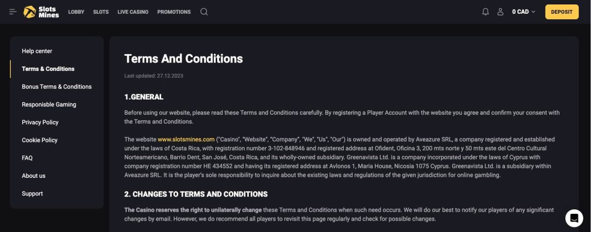 terms and conditions at slotsmines casino