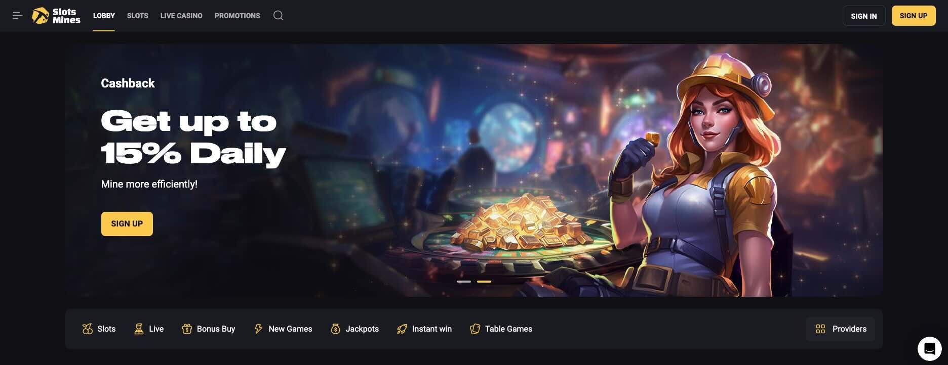 Main Page of Slotsmines Casino Site