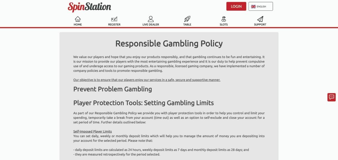 Image of Spin Station Casino page about responsible gaming
