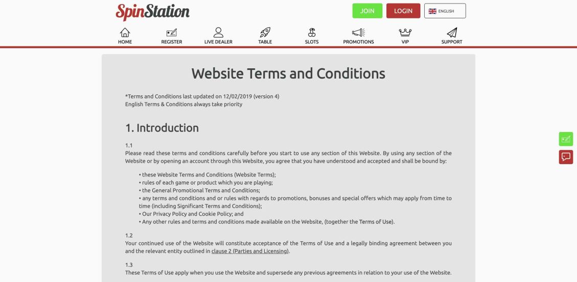 Image of Spin Station Casino Terms and Conditions page