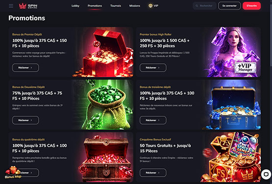 Page des promotions du casino SpinEmpire