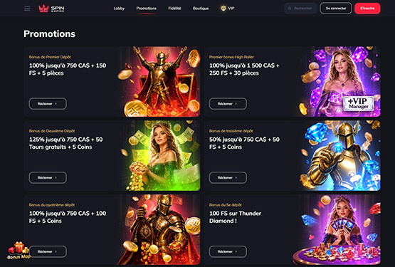 Page des promotions du casino SpinEmpire