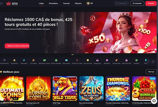 Page principale du casino SpinEmpire