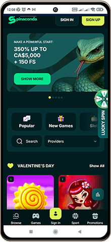 Mobile screenshot of Spinaconda Casino main page