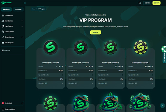 Spinaconda casino vip page