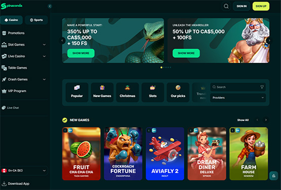 Spinaconda casino main page