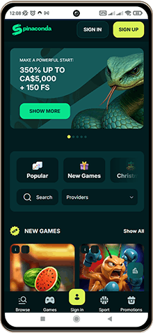 Mobile screenshot of Spinaconda Casino main page