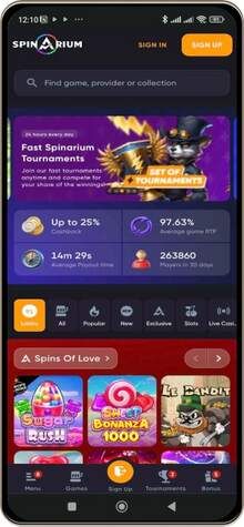 Spinarium Casino main page on mobile screen