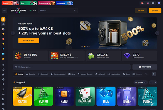 Image of main page of Spinarium Casino