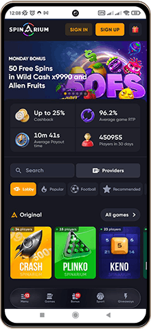 Spinarium Casino main page on mobile screen