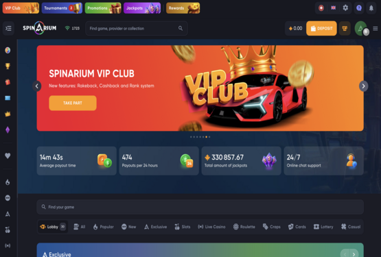 Image of main page of Spinarium Casino