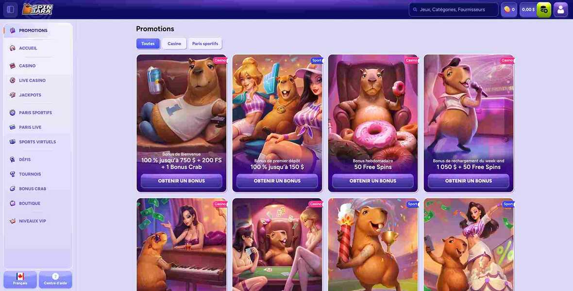 Page des promotions du casino Spinbara
