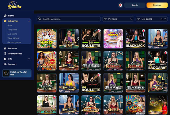 Page des jeux en direct du Casino Spinita