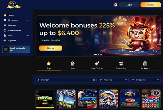 Page principale du casino Spinita