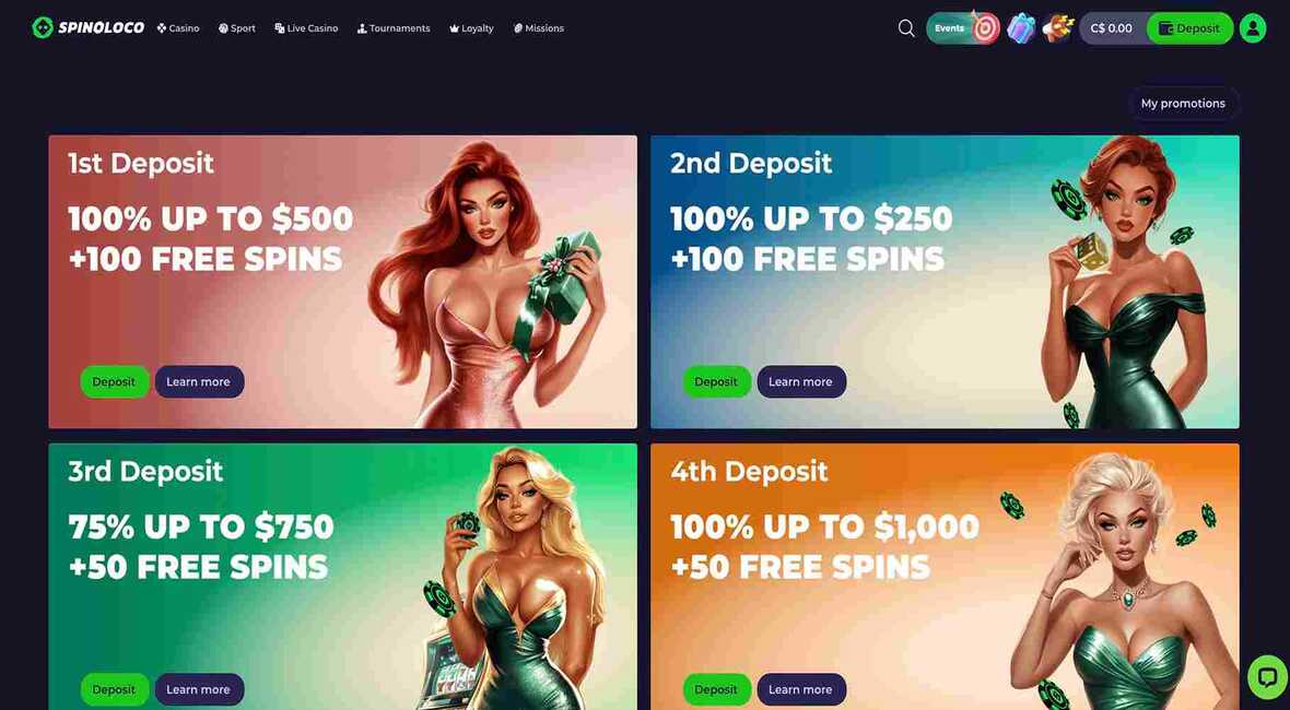 Page des promotions du casino Spinoloco