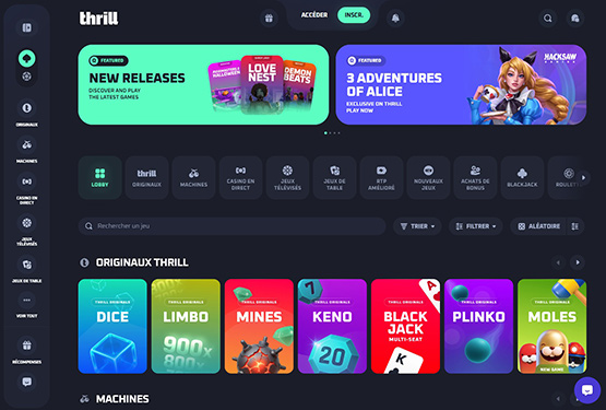 Page principale du casino Thrill