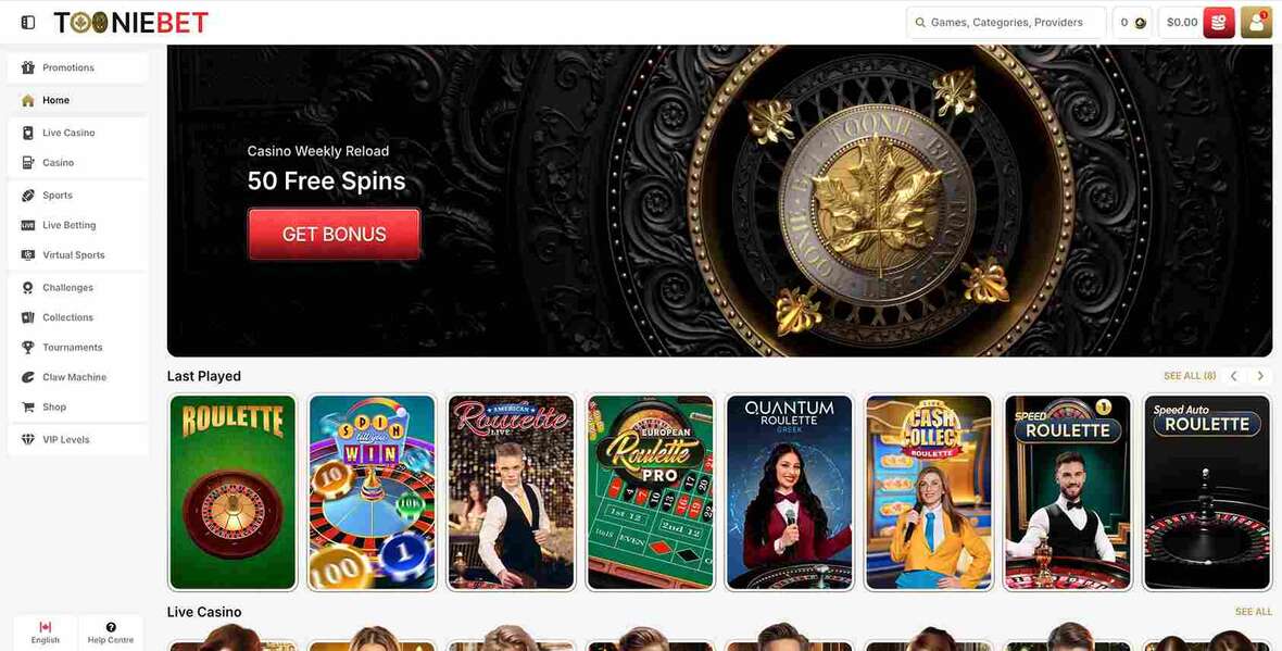 Tooniebet casino main page