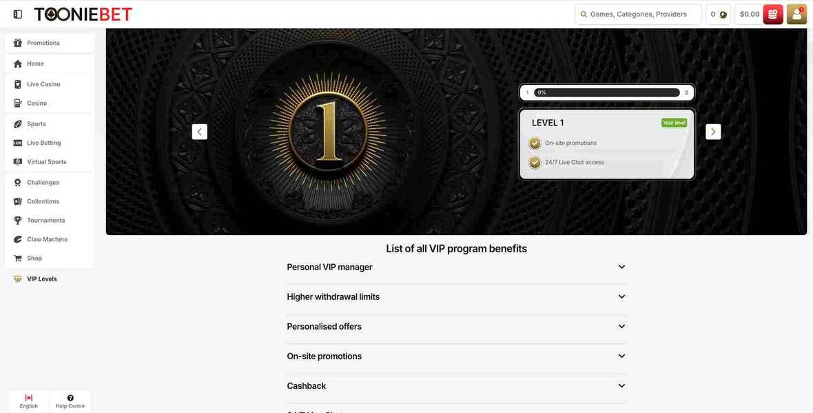 Tooniebet casino vip page