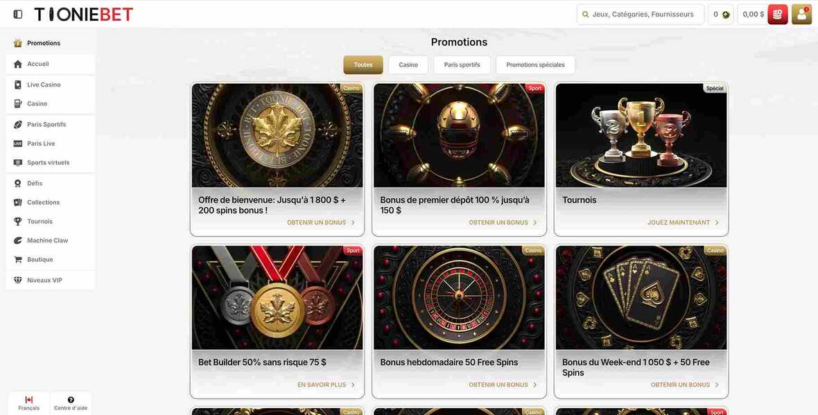 Page des promotions du casino Tooniebet