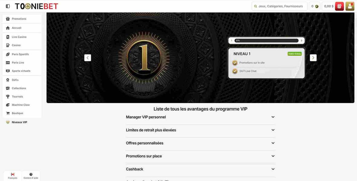Tooniebet casino vip page de programmation
