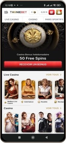 Capture d'écran de la page principale de Tooniebet Casino sur mobile