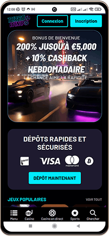 Capture d'écran de la page principale de Turbowins sur mobile
