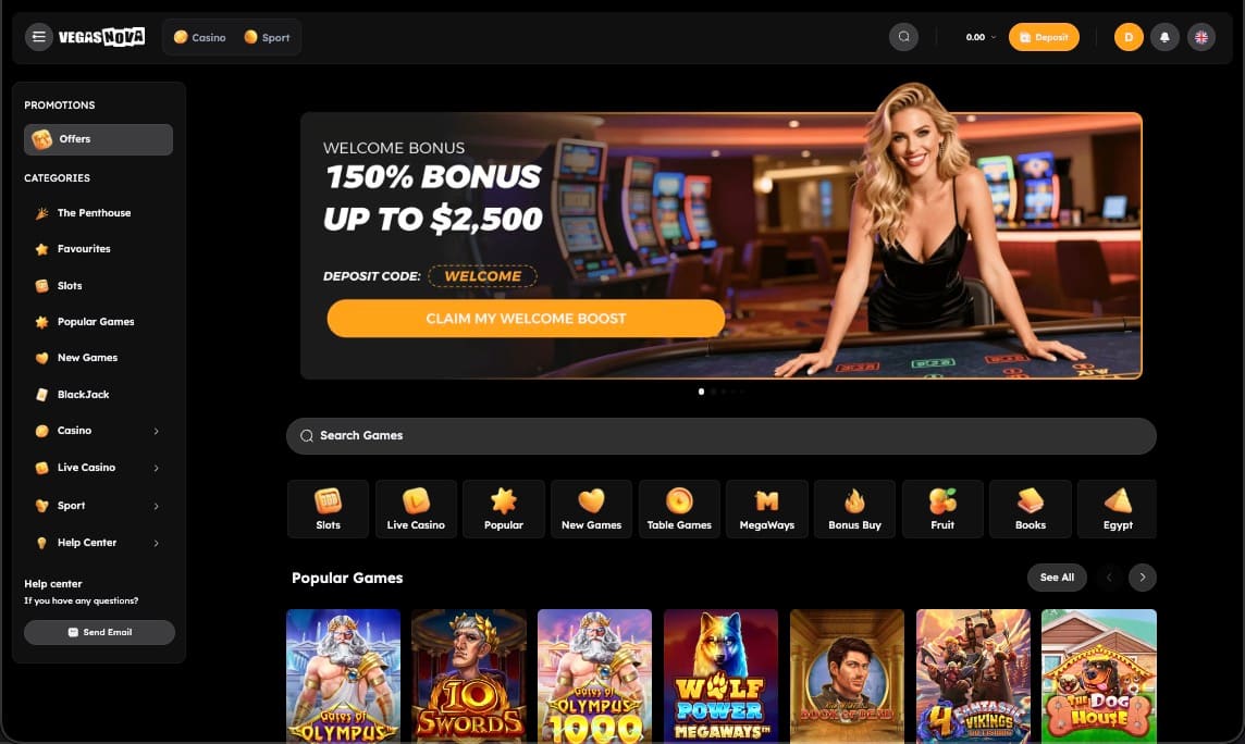 Page principale du casino Vegas Nova
