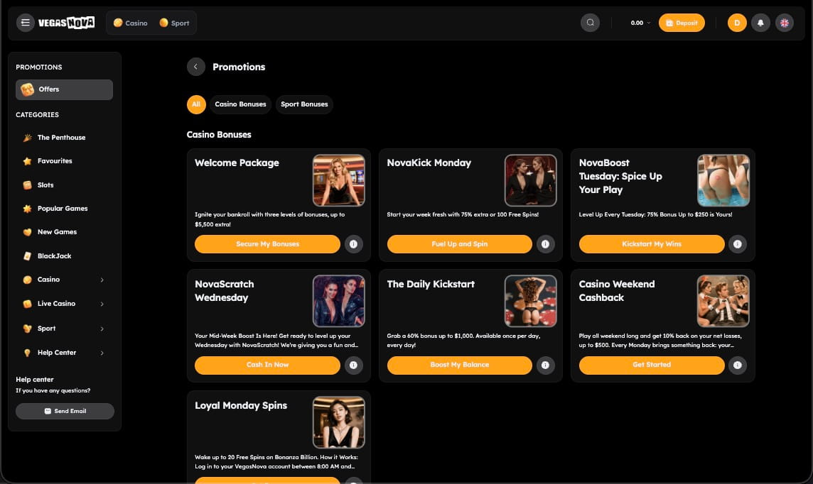 Page des promotions du casino Vegas Nova