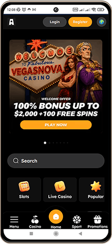 Capture d'écran de la page principale de Vegas Nova Casino sur mobile