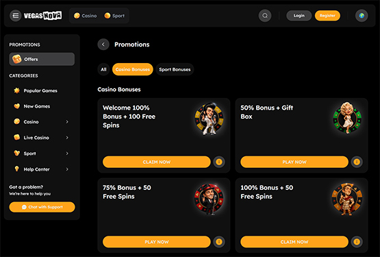 Page des promotions du casino Vegas Nova