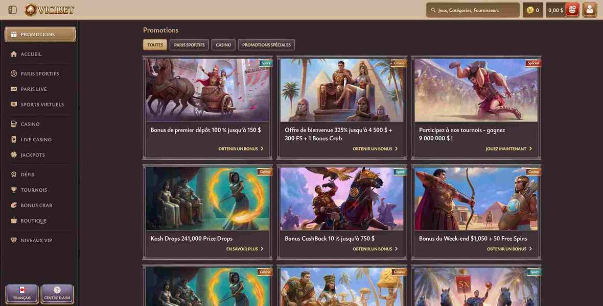 Page des promotions du casino ViciBet