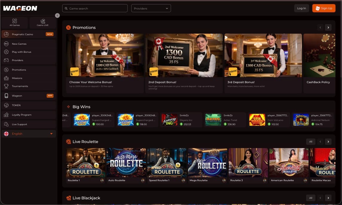 Wageon casino main page