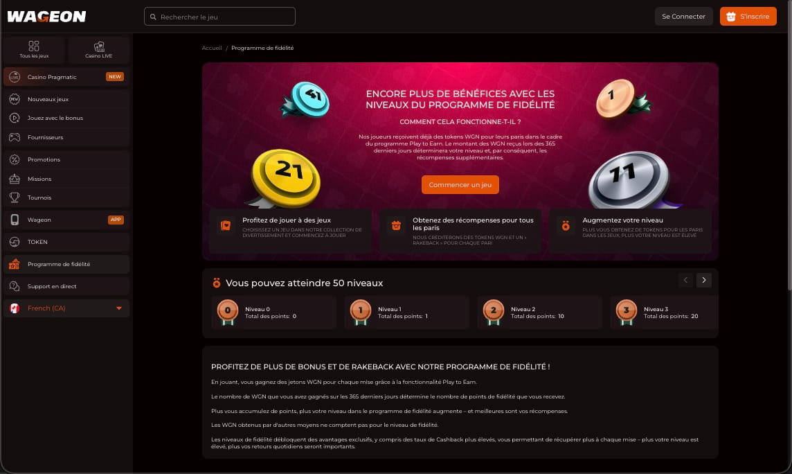 Page du programme de fidélité du casino Wageon