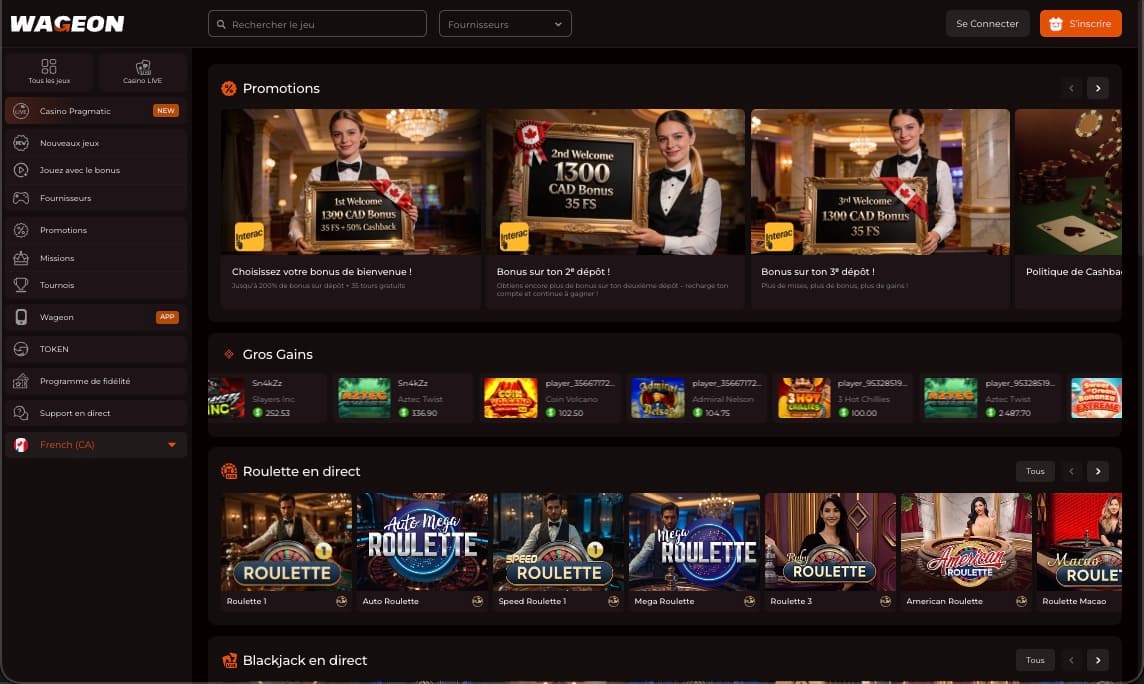 Page principale du casino Wageon