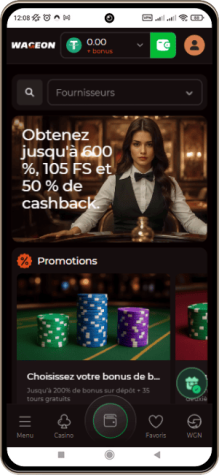 Capture d'écran de la page principale de Wageon Casino sur mobile