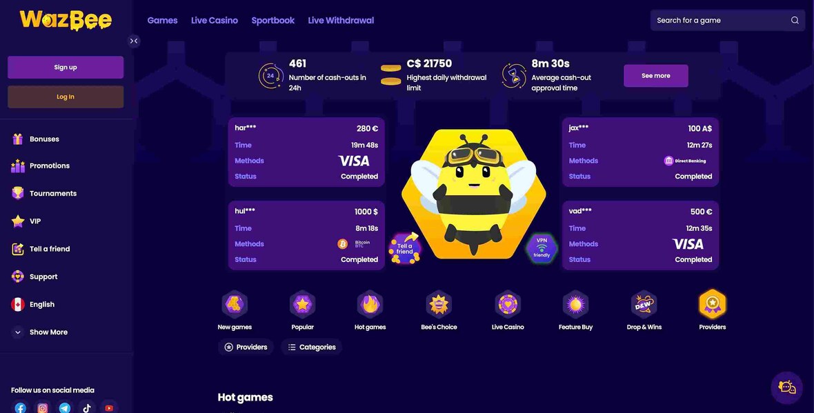 WazBee casino main page